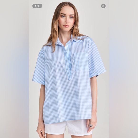 NWT CAROLINE CONSTAS Missa‎ Open Placket Pullover Top Blue White Striped XS $315